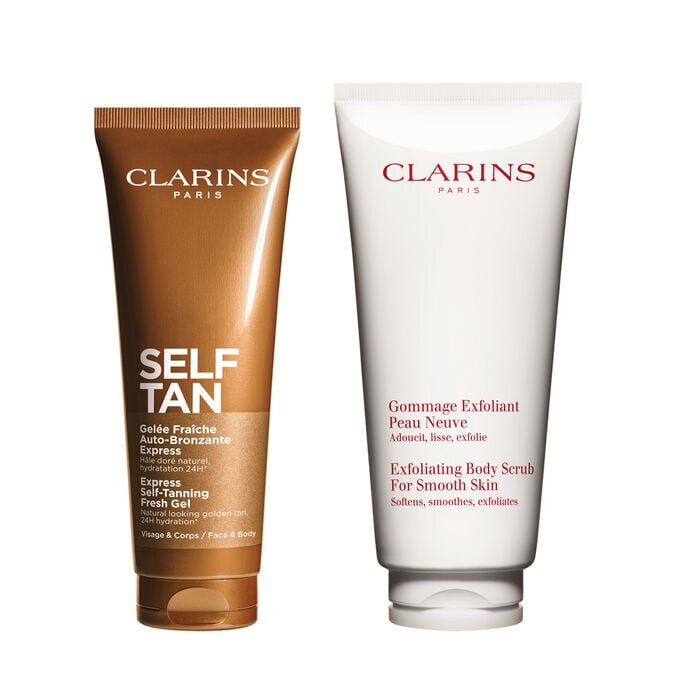 Dúo Bronceado + Exfoliación: gel autobronceador fresco y exfoliante para el cuerpo para una piel suave y bronceada