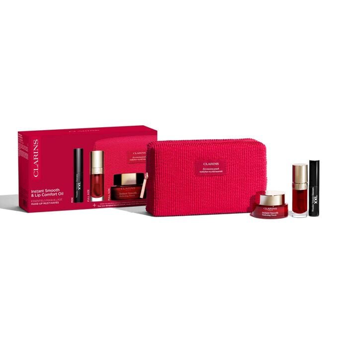 Kit de maquillaje imprescindible de Clarins | Set de prebase para el rostro, aceite para los labios y máscara de pestañas | Imprescindibles para tu rutina de maquillaje
