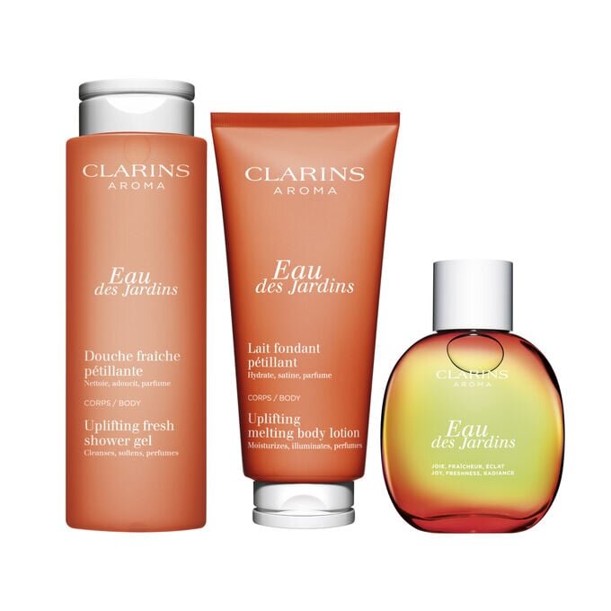 Trío Eau des Jardins: gel de ducha, loción para el cuerpo y fragancia